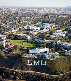 aerial view of campus with the LMU letters on bluff